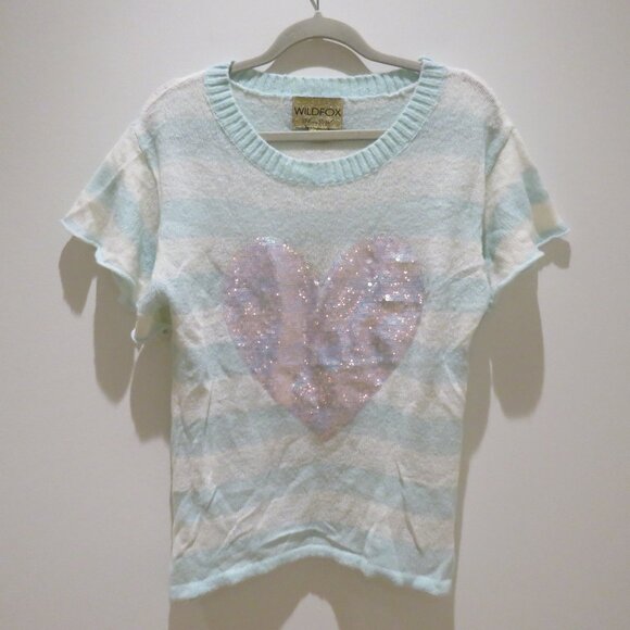 WILDFOX White Label Bridgette Heart Lake House Striped Sequin Sweater Aqua White - Picture 2 of 15